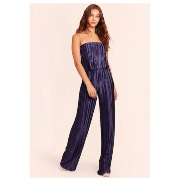 AMANDA UPRICHARD Collina Crinkle Jumpsuit Navy Size XS Pleated Strapless - Picture 5 of 14